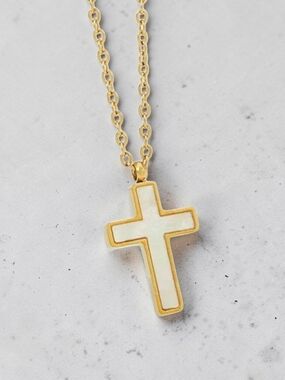 Gold Cross Pendant Necklace with White Inlay